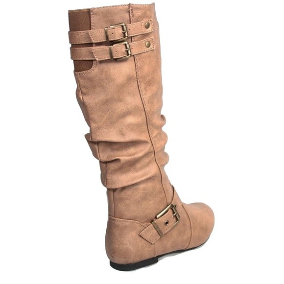 Top Moda Taupe Slouch Mid-Calf Boots – Round Toe Buckle Detail Flat Heel Casual - Picture 4 of 7